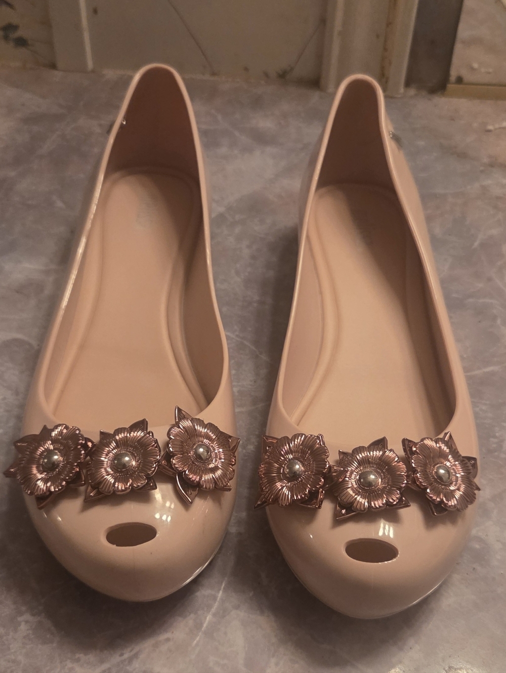Melissa Nude Ballet Flats with Rose Gold Floral Trim